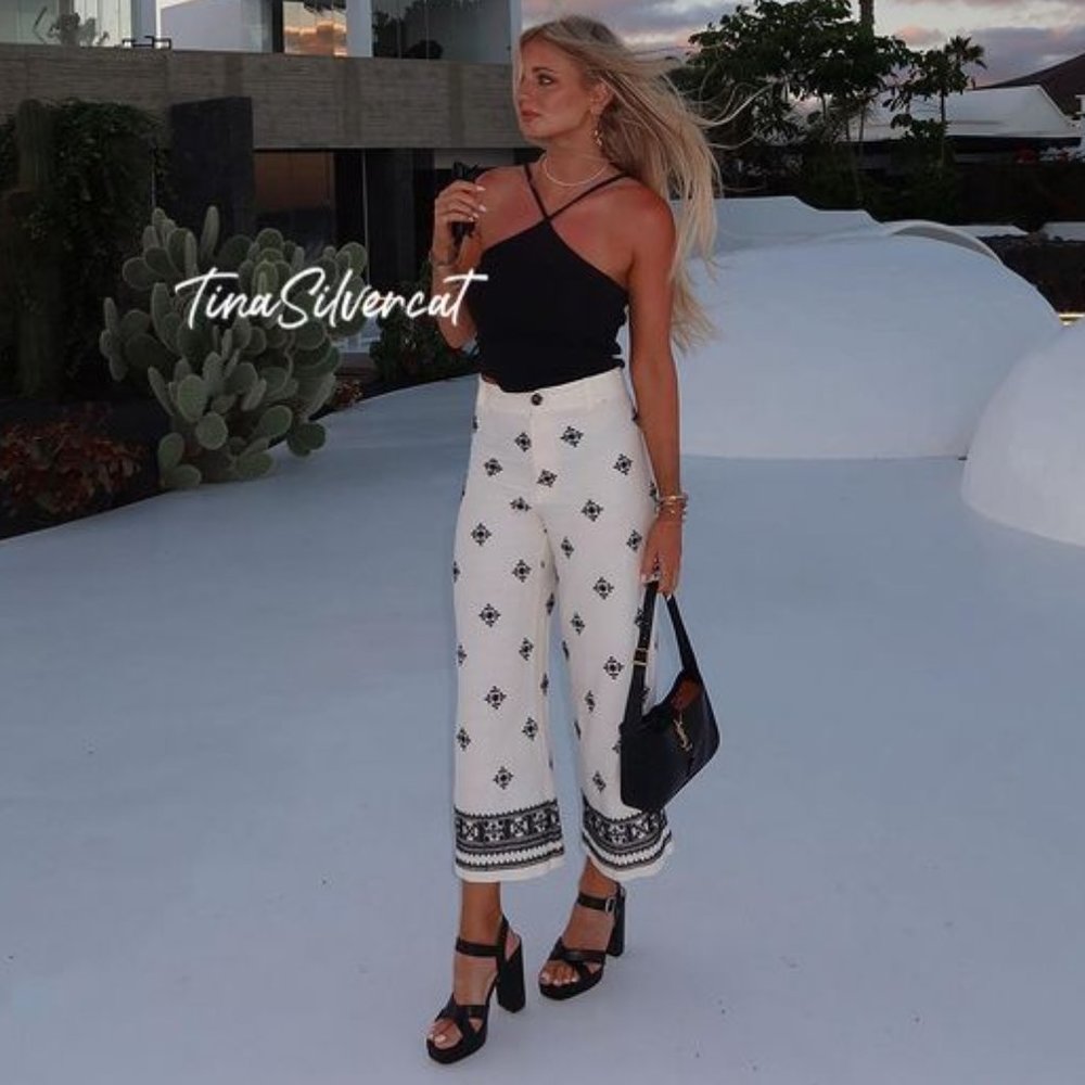 Zara Linen Blend Printed Pants White Black Sz XL NWT - Picture 4 of 16